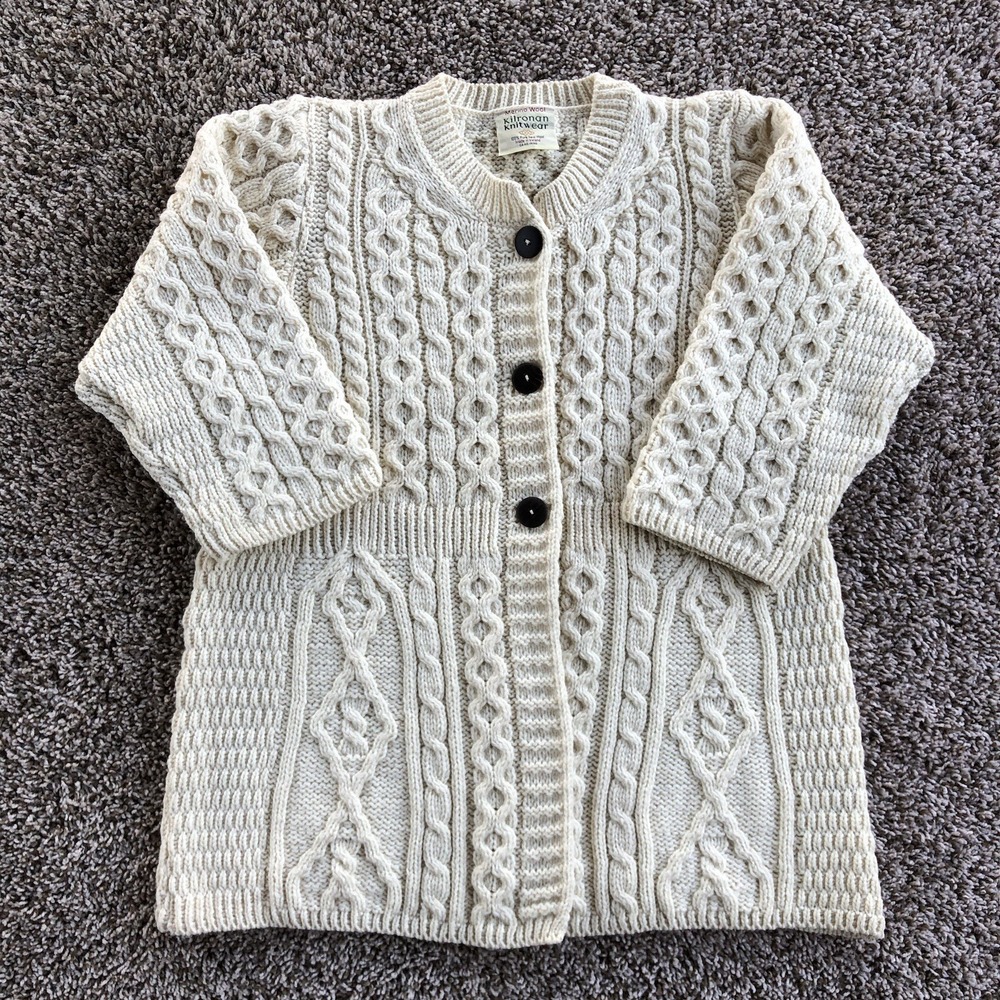 Kilronan Knitwear Ireland Merino Wool Cable‎ Knit Cardigan Sweater Size S Ivory